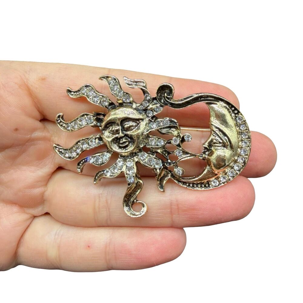 Vintage Jewelry Celestial Sun and Moon Brooch Rhinestone  Pin Cosmic Jewelry